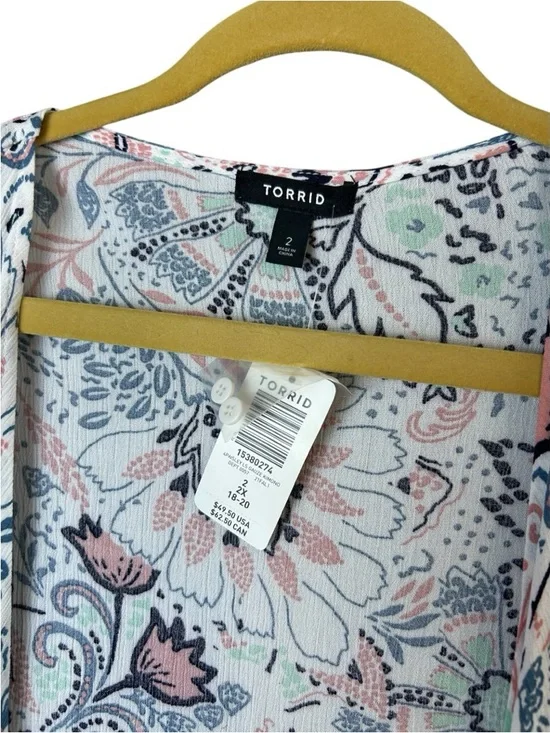 Torrid Women's White Paisley Gauze Roll Tab Sleeve Open Front Kimono Size 2X - Picture 5 of 9